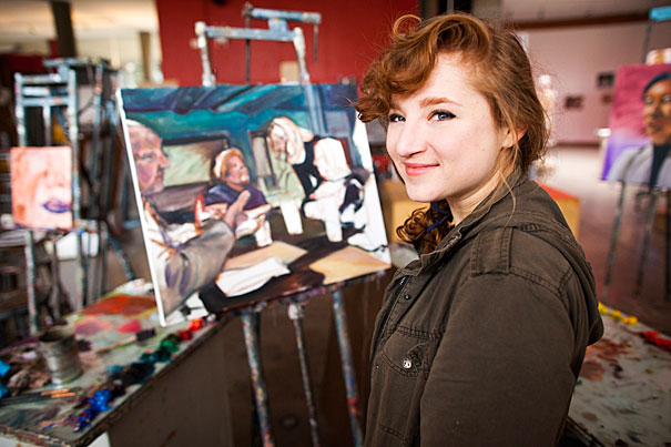 Brooke Bourgeois performs improv comedy, studied pre-med and is spending next year abroad in Scotland as a Michael Rockefeller Fellow. She is pictured in the Carpenter Center where she enjoyed her work in the painting studios at Harvard University. Stephanie Mitchell/Harvard Staff Photographer